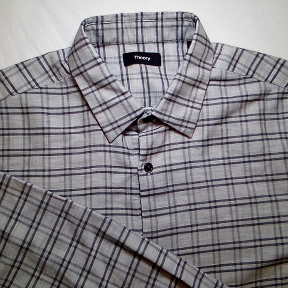 Theory,, Size Medium, Off White/Grey Plaid, Long Sleeve Casual Shirt